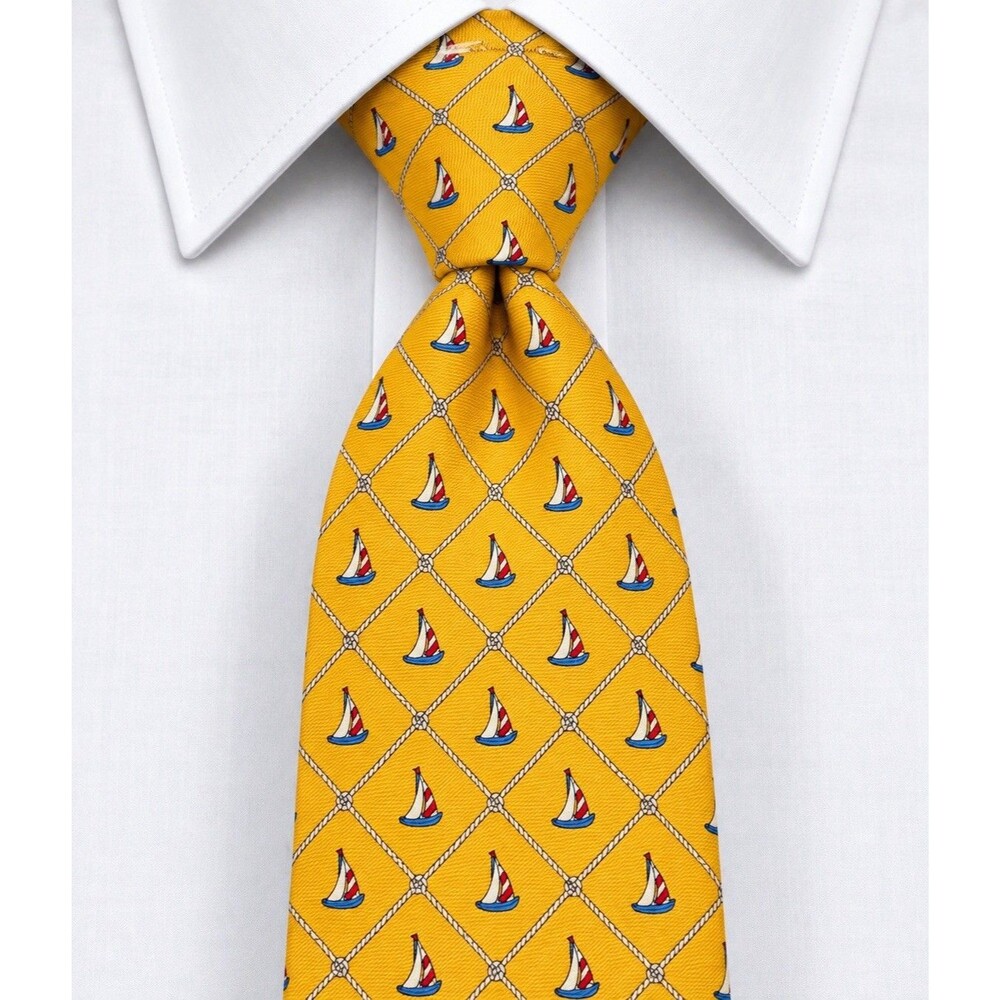 Brooks Brothers Yellow 100% Silk Sailboat Nautical Print Neck Tie Made in USA